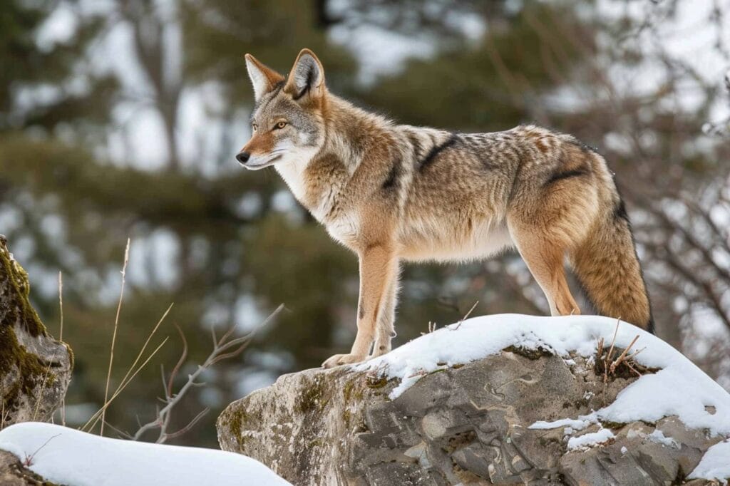A Coyote on Snow-Covered Rock