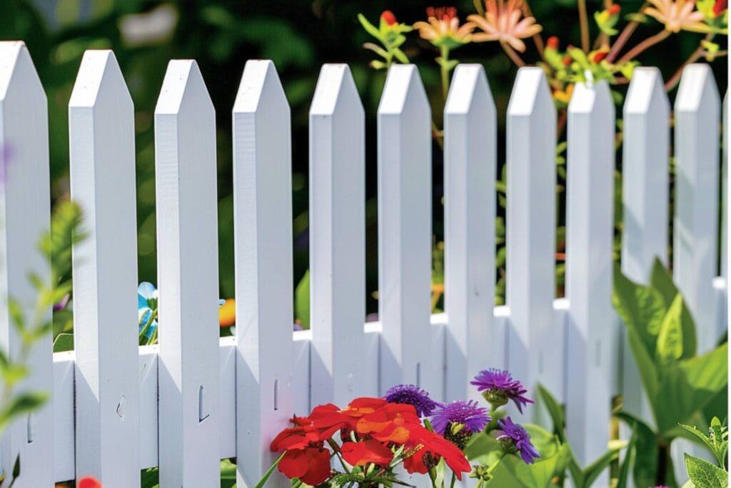 A white fence of a vibrant flowers and plants in the garden