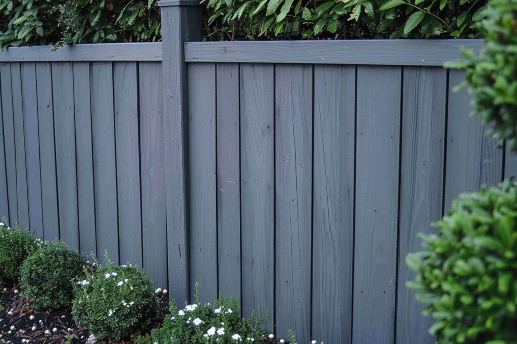 an outdoor fence with horizontal boards, painted in grey color