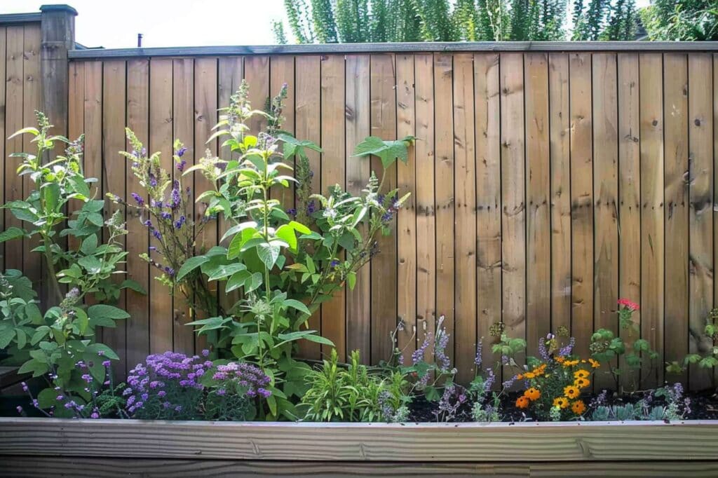 A wooden garden fence with a wooden planter bed in front
