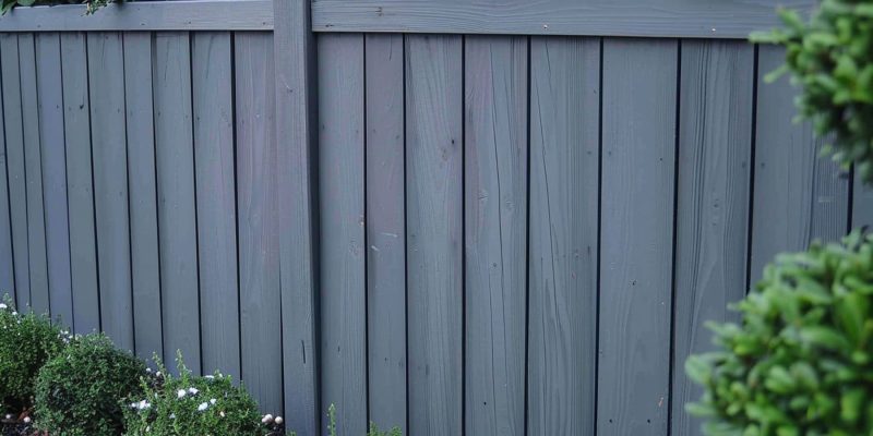 an outdoor fence with horizontal boards, painted in grey color