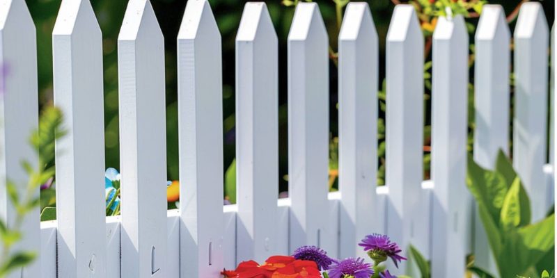 A white fence of a vibrant flowers and plants in the garden
